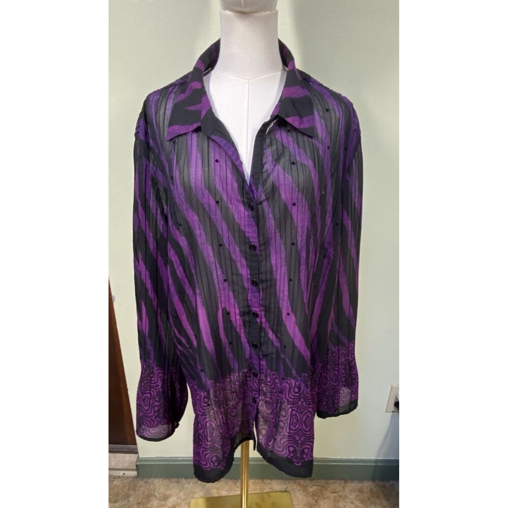 Fashion Bug Sz 3X Purple Black Accordion Pleats Flare Zebra Print Sheer Y2K Vtg